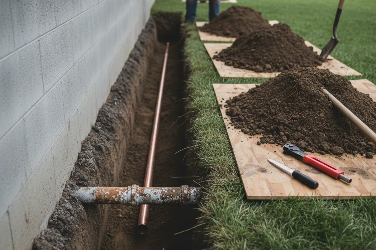 Excavated water line trench during Water Heater Repair in Eola